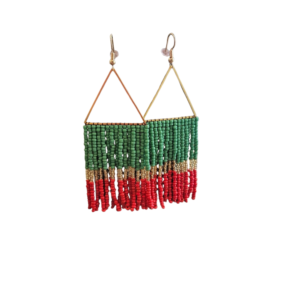 NWT - Green, Gold And Red Beaded Fringe Earrings